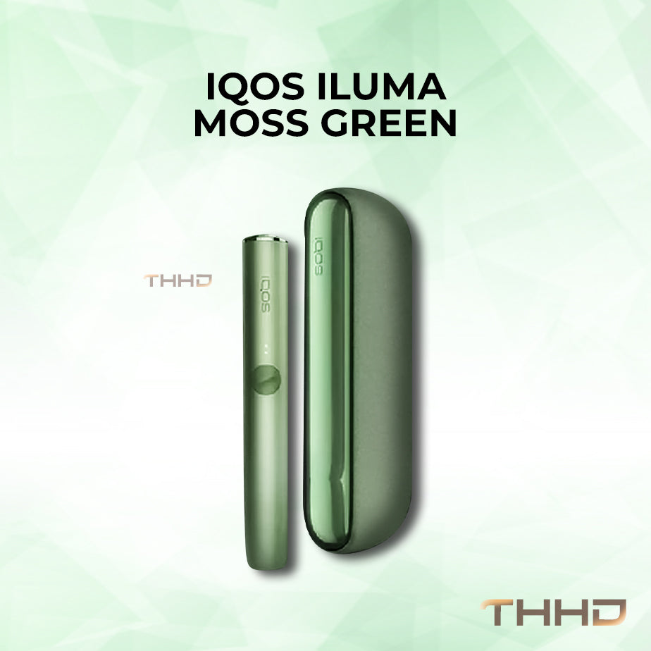 IQOS ILUMA kit in Moss Green, holder and charger