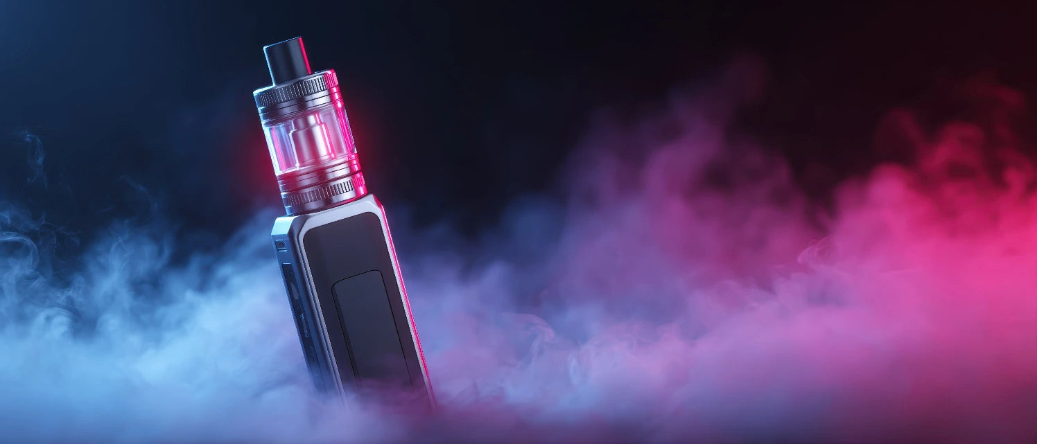 A metallic vape device with a glowing pink and purple tank sits upright in thick blue and pink smoke against a dark background.
