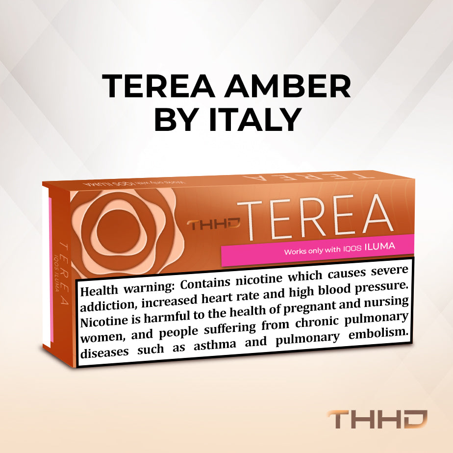 TEREA Amber Italy pack with English health warning